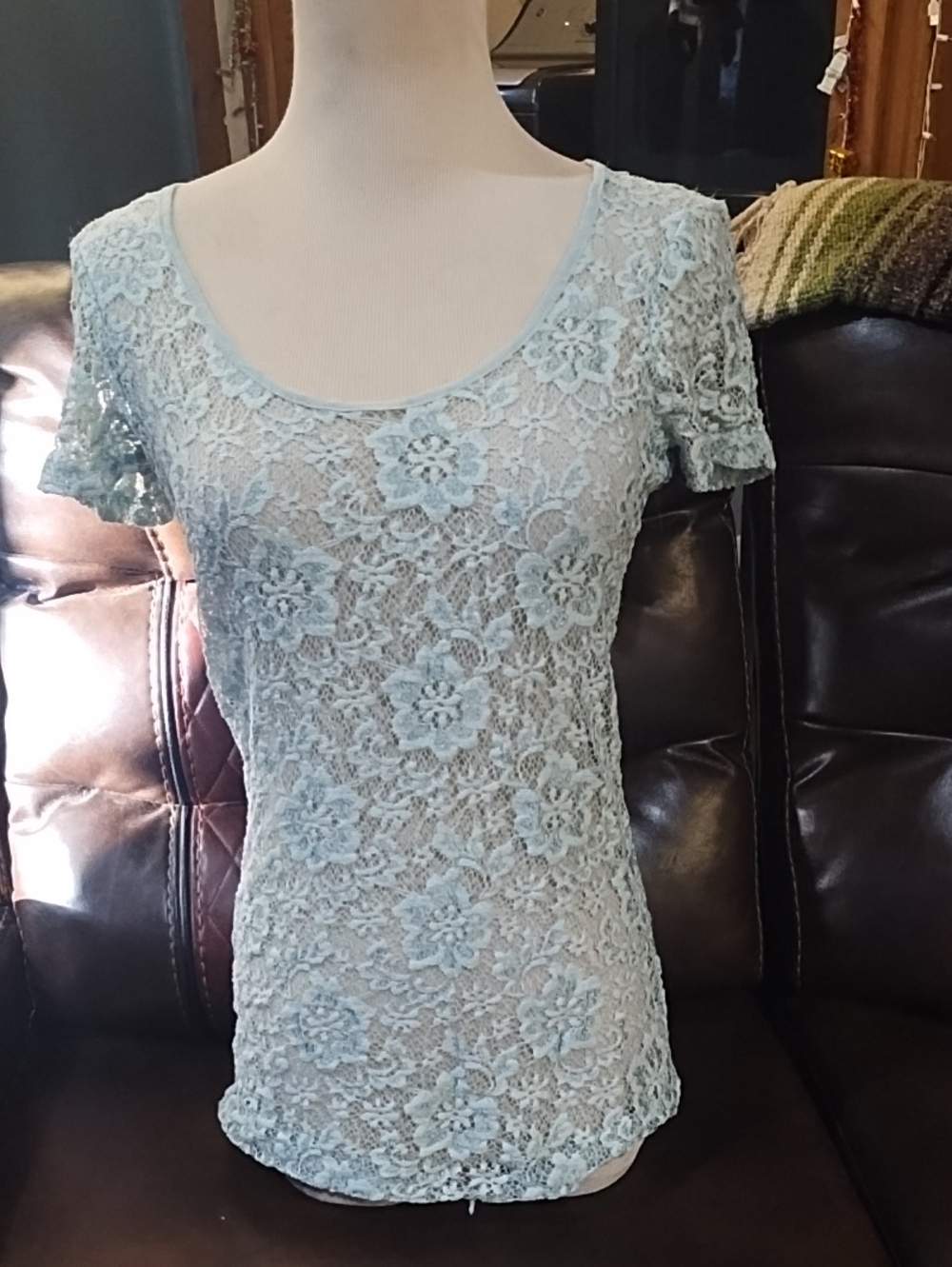 Light Blue Lace Short Sleeve Women's Top